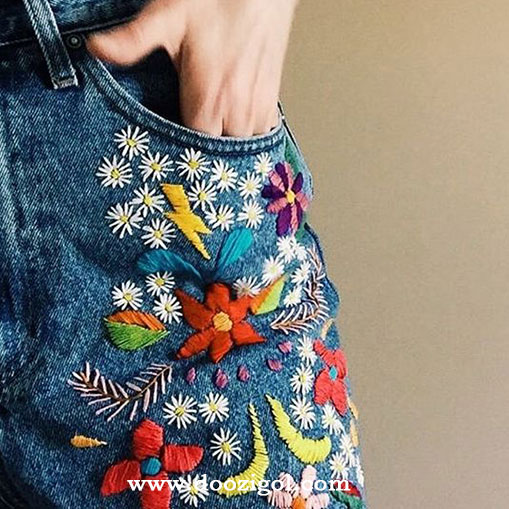گلدوزی با دست روی شلوار