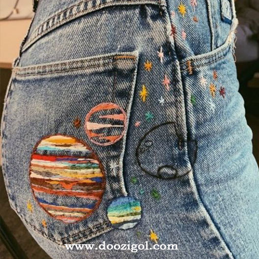 گلدوزی با دست روی شلوار