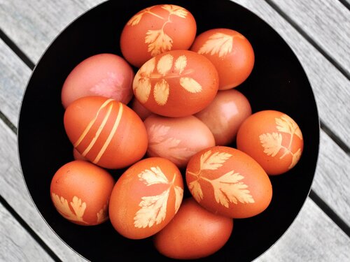 Easter eggs with patterns made with leaves and tapes. Photo by Nettle and Quince