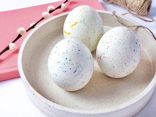 Paint-splattered Easter eggs.