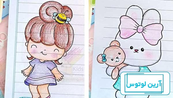 تزیین دفتر املا 1401 با نقاشی های فانتزی ساده و رنگ آموزی جذاب
