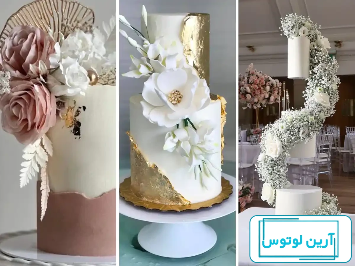 کیک دو طبقه جشن عروسی با نمادی از عروس و داماد و استایل وینتج | بزمینه
